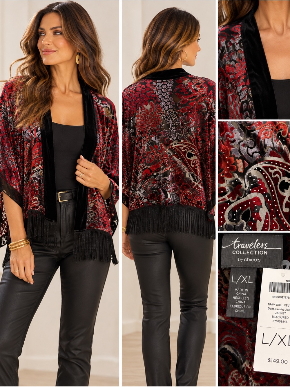 Chico's Travelers Collection Deco Paisley Velvet Burnout Fringe Kimono Jacket L/